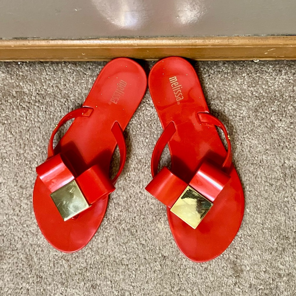 Melissa Girl Bow Sandals, Ruby Red w/Gold Flecks and Accents - Size 3 (VGUC)